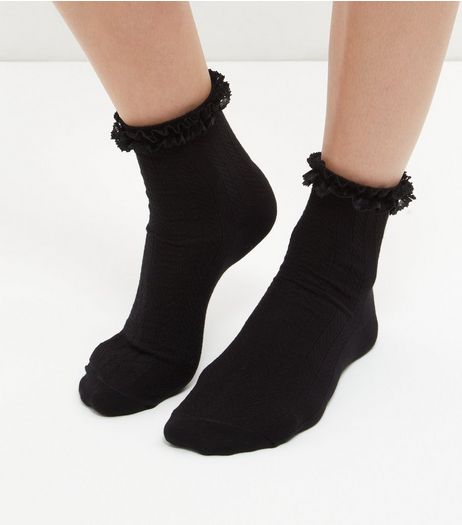 Black Frill Trim Cable Knit Socks | New Look