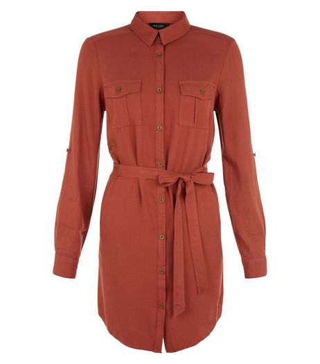 Rust Double Pocket 3/4 Sleeve Shirt Dress | New Look