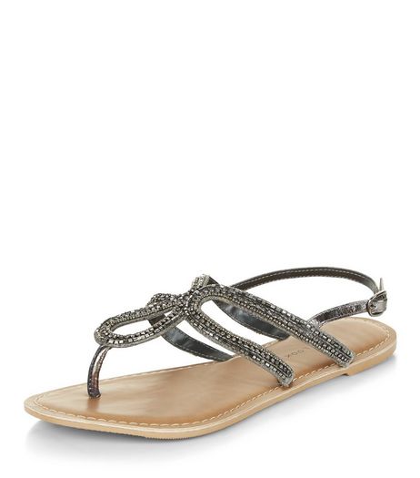 Wide Fit Bronze Leather Diamante Trim Sandals | New Look