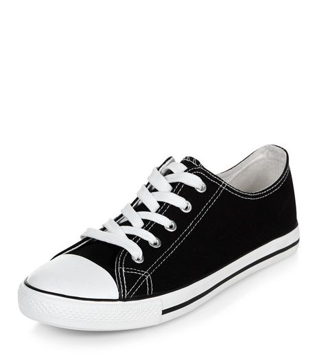 Black Lace Up Striped Sole Plimsolls | New Look