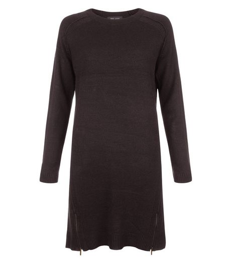 Black Ribbed Zip Hem Tunic Jumper Dress | New Look