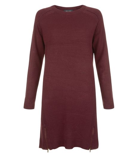 Burgundy Ribbed Zip Hem Tunic Jumper Dress | New Look