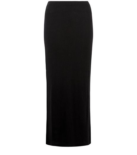 Petite Black Ribbed Split Side Maxi Skirt | New Look