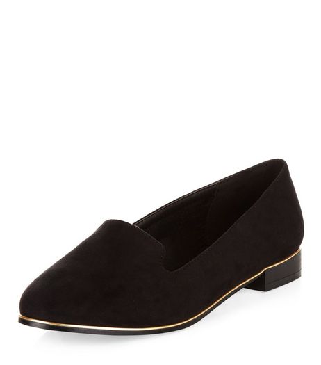 Wide Fit Black Gold Trim Pointed Pumps | New Look