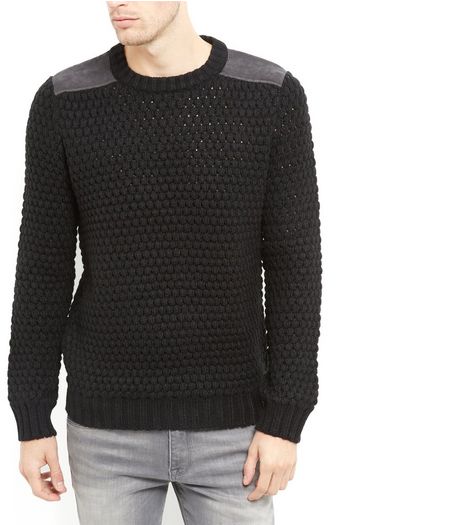 Black Shoulder Patch Waffle Knit Jumper | New Look
