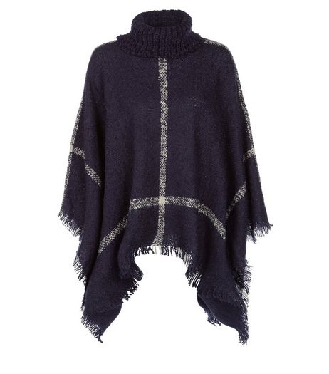 Navy Check Roll Neck Poncho | New Look