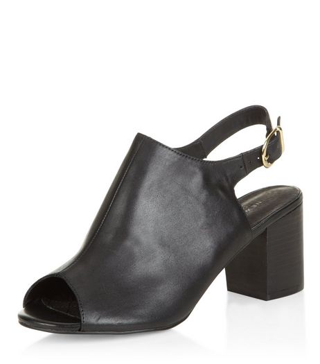 Black Leather Comfort Peep Toe Sling Back Block Heels | New Look