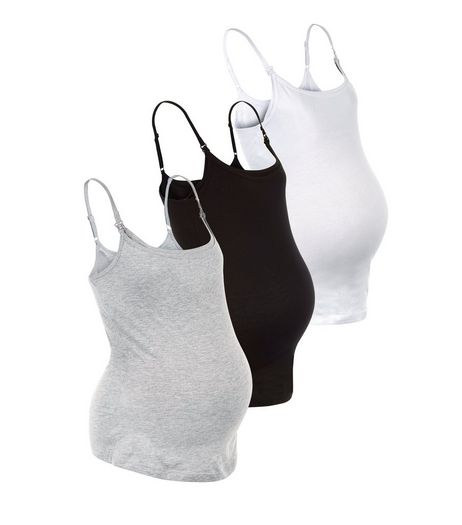 Maternity 3 Pack Black White and Grey Nursing Vests | New Look