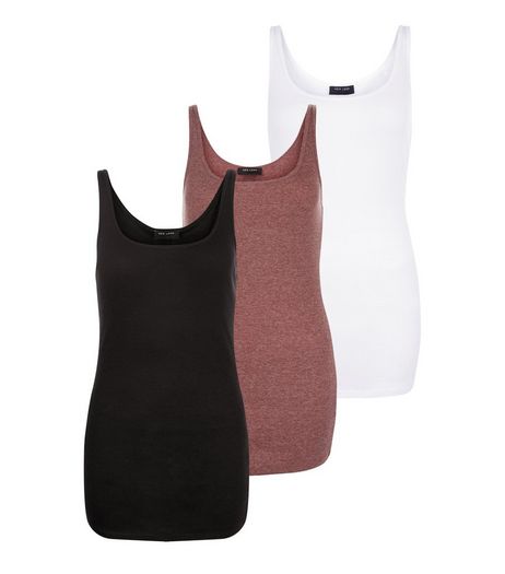 Tall 3 Pack Purple Black and White Ribbed Vests | New Look