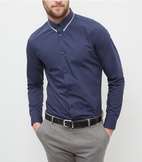 Navy Contrast Trim Collar Long Sleeve Shirt | New Look