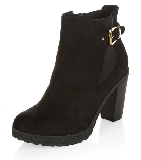 Wide Fit Black Buckle Side Block Heel Boots | New Look