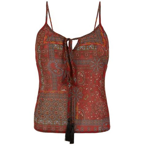 Influence Red Abstract Print Tassel Front Cami | New Look