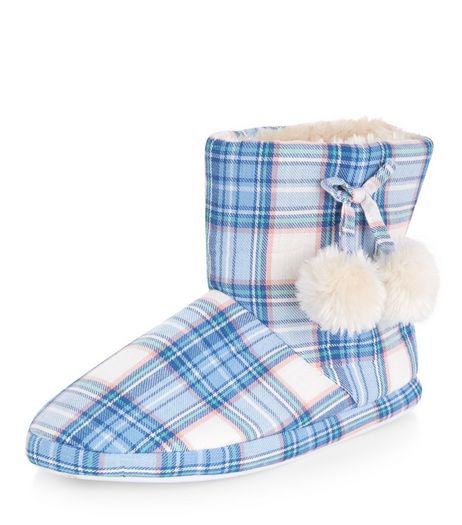 Teens Check Pom Pom Slipper Boots | New Look