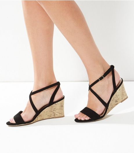 Black Cross Strap Wedges | New Look