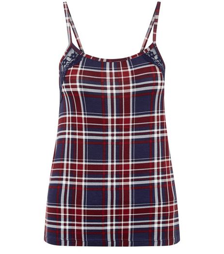 Navy Check Lace Trim Pyjama Cami | New Look