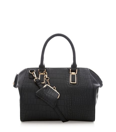 Black Snakeskin Print Coin Purse Keyring Bowler Bag | New Look