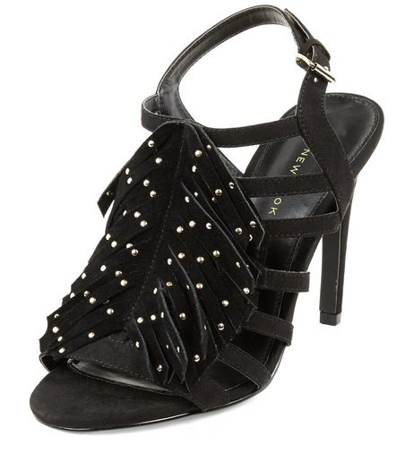 Wide Fit Black Stud Fringe Front Strappy Heels | New Look