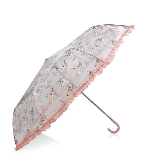 Pink Unicorn Frill Trim Umbrella | New Look