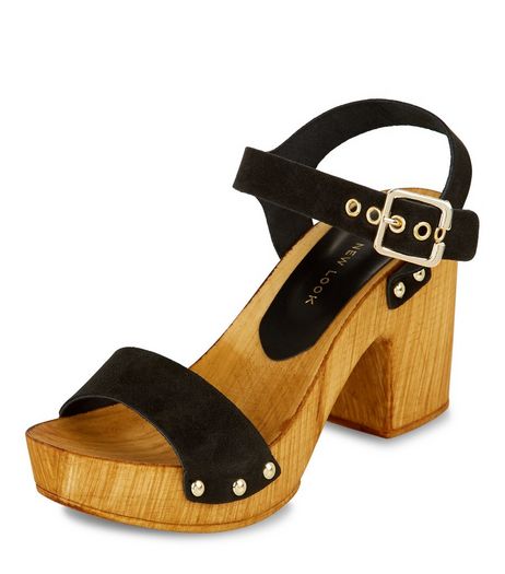 Black Leather Wooden Block Heel Sandals | New Look