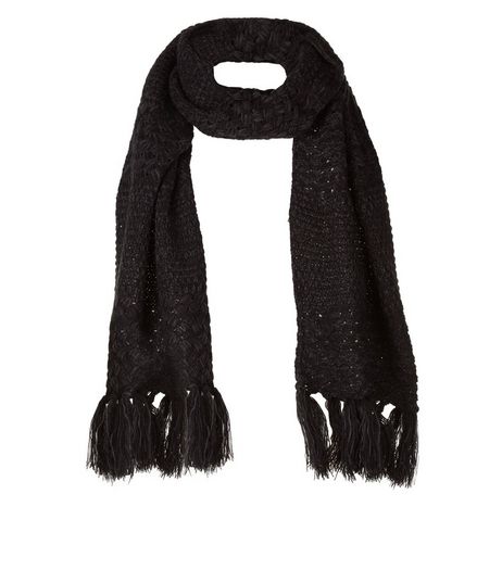 Black Knitted Fringe Hem Scarf | New Look
