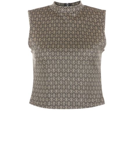 Gold Metallic Geo Jacquard High Neck Crop Top | New Look