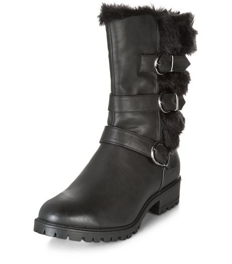 Black Faux Fur Multi Strap Biker Boots | New Look