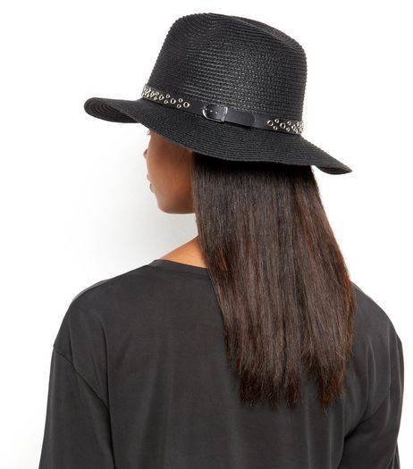 Black Eyelet Band Straw Fedora | New Look