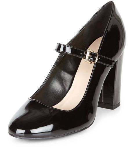 Black Patent Front Strap Block Heels | New Look