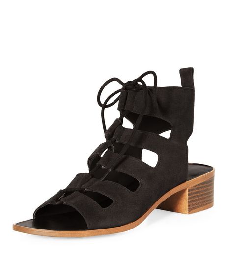 Black Suede Lace Up Ghillie Heeled Sandals | New Look