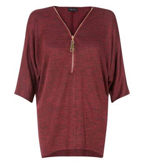 Burgundy Fine Knit Zip Front Top | New Look