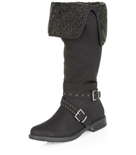 Wide Fit Black Cuffed Knee High Boots | New Look
