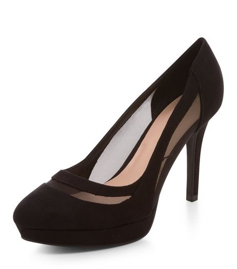Wide Fit Black Suedette Mesh Trim Court Shoes | New Look