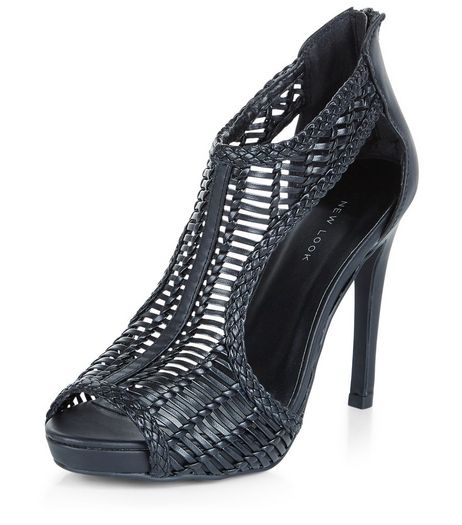 Black Woven Cut Out Peep Toe Heels | New Look