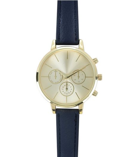 Navy Leather-Look Strap Watch | New Look