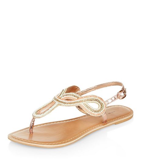 Coral Leather Beaded Twist Strap Sandals | New Look