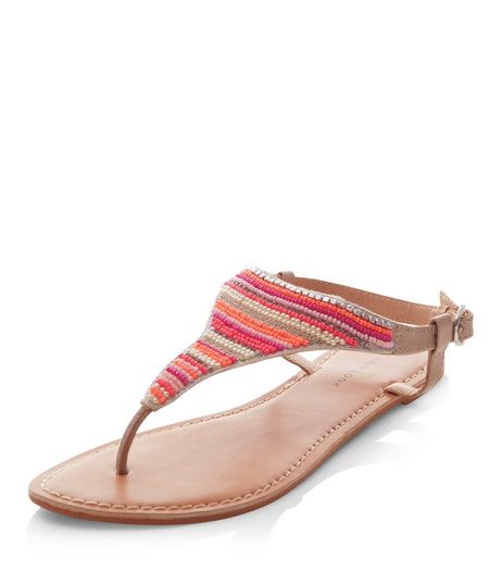 Tan Leather Stripe Beaded Sandals | New Look