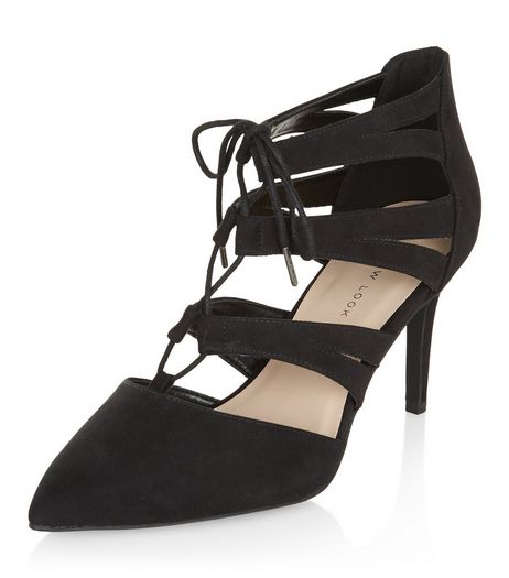 Wide Fit Black Suedette Pointed Ghillie Heels | New Look