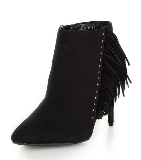 Wide Fit Suedette Fringe Trim Heeled Ankle Boots | New Look