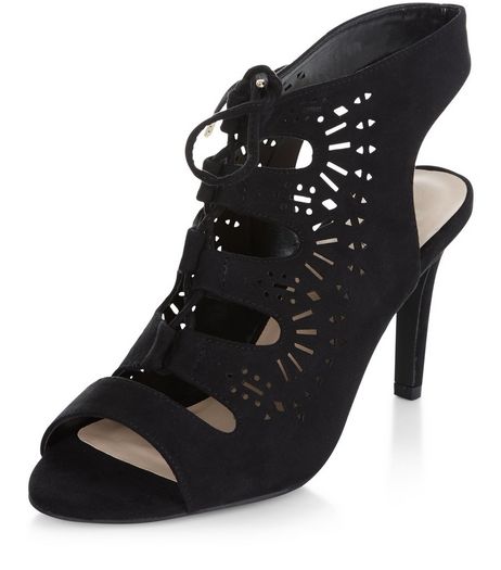 Wide Fit Black Suedette Laser Cut Out Ghillie Heels | New Look