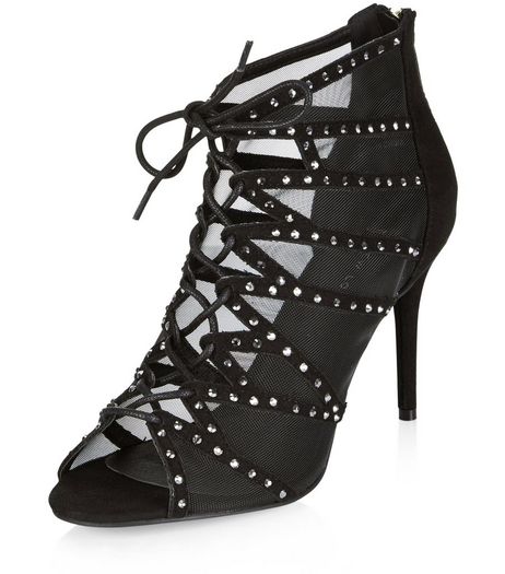 Wide Fit Black Suedette Diamante Ghillie Heels | New Look