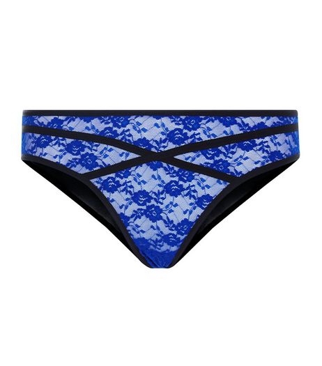 Blue Lace Mesh Contrast Trim Brazilian Briefs | New Look
