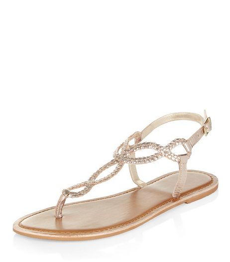 Gold Leather Twist Plait Sandals | New Look