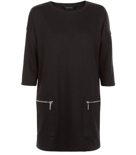 Black Zip Pocket Longline Tunic Top | New Look