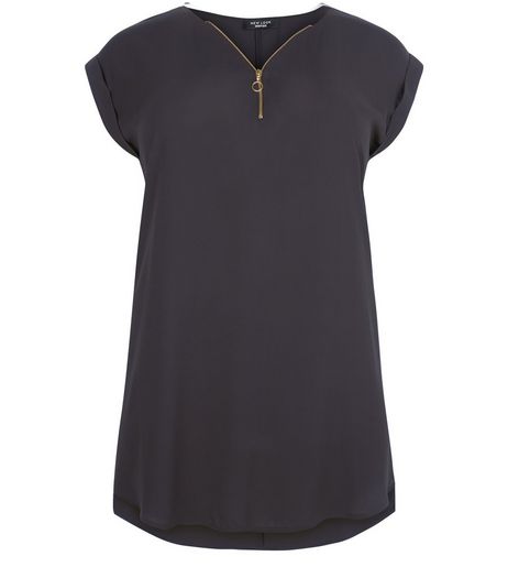 Curves Black Zip Front Longline Tunic Top | New Look