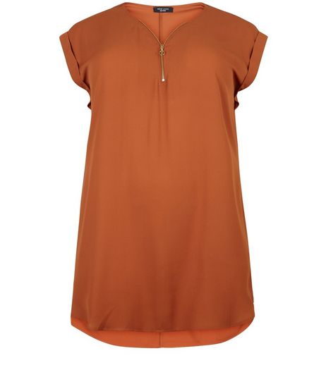 Curves Brown Longline Zip Front Tunic Top | New Look
