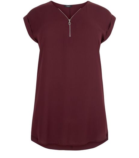 Curves Burgundy Zip Front Longline Tunic Top | New Look