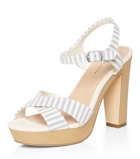 Blue Stripe Cross Strap Platform Block Heel Sandals | New Look