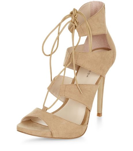 Stone Suedette Ghillie Heeled Sandals | New Look