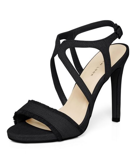 Black Canvas Fringed Cross Strap Heels | New Look