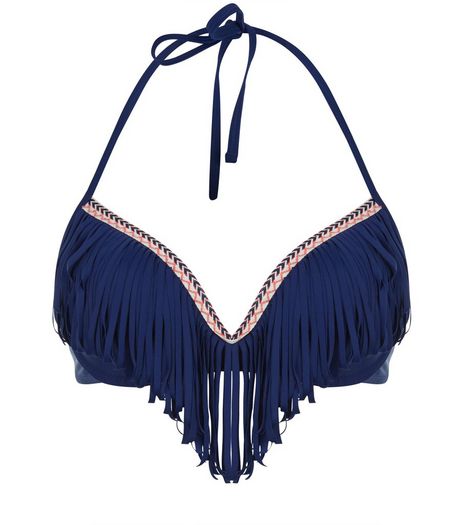 Navy Chevron Trim Fringed Bikini Top | New Look